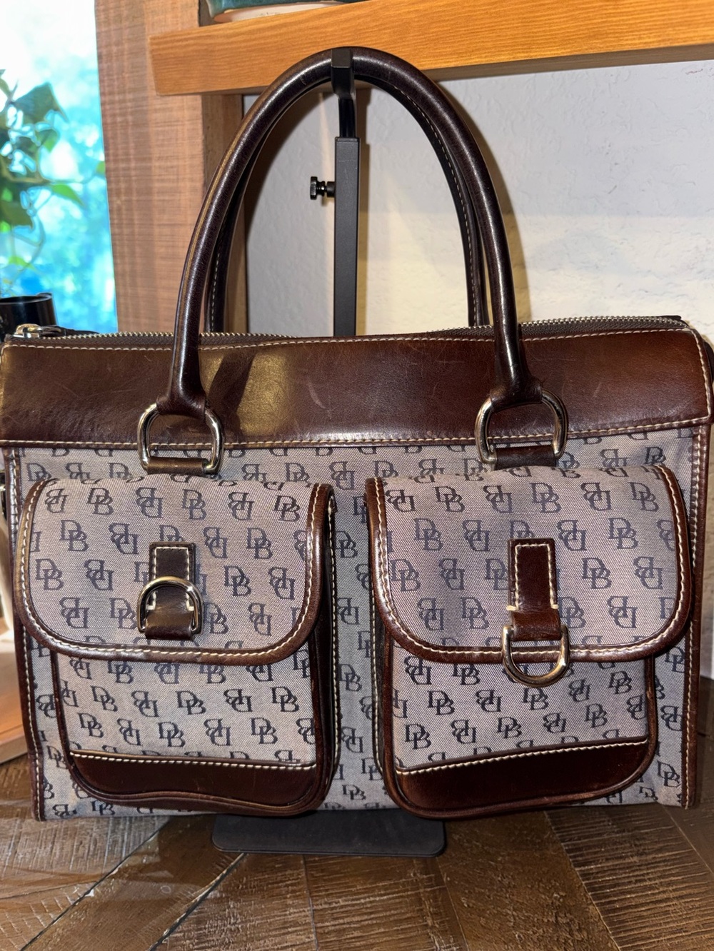 Dooney & Bourke Brown Monogram Canvas Satchel with Leather Trim